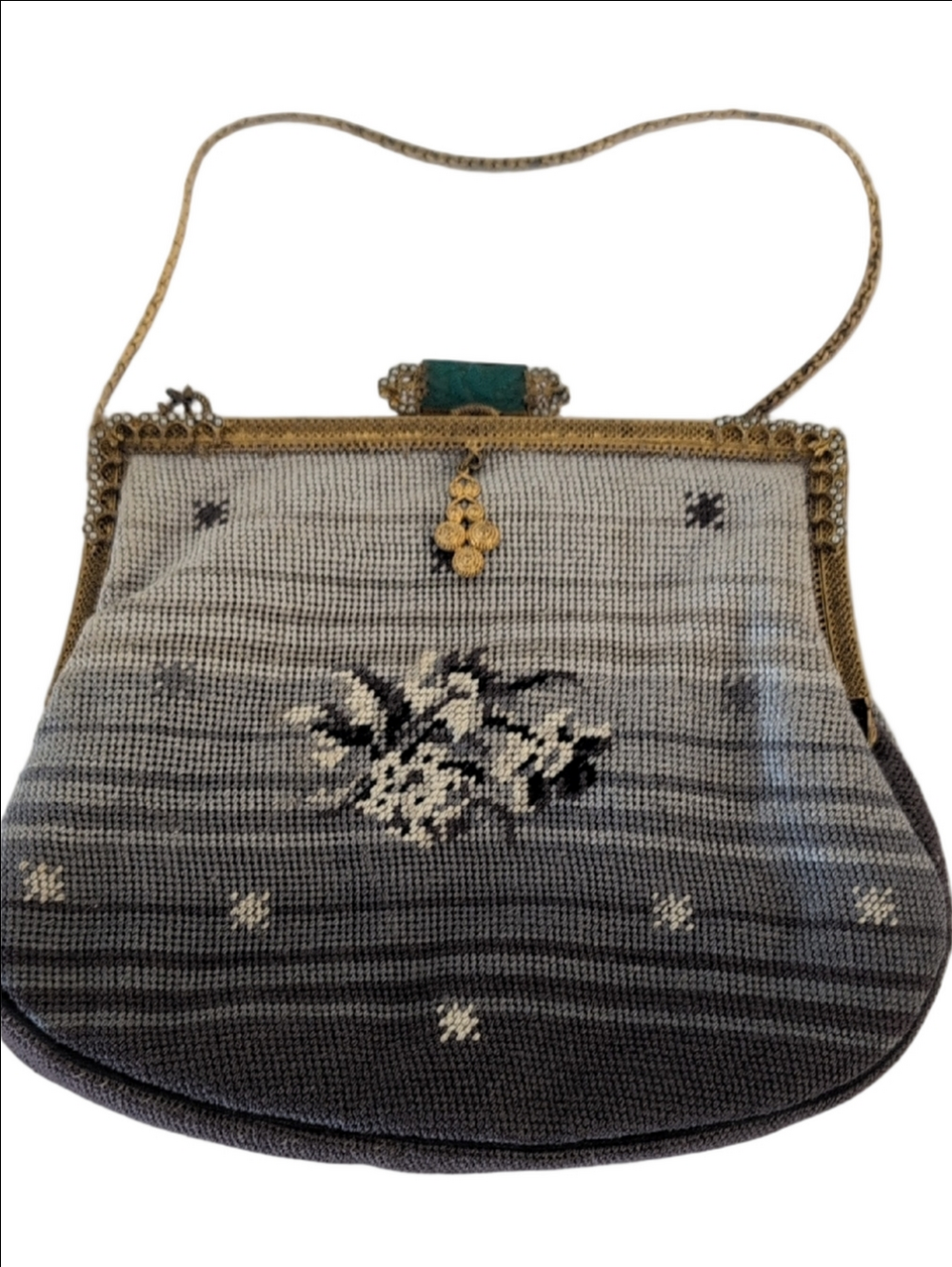 Vintage  Bag Needle Point Floral Evening Bag  Gray  Cream Green Clasp Art Deco